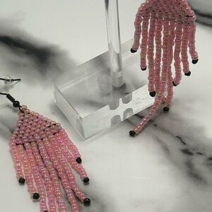 Pink Fringe Triangle Earrings